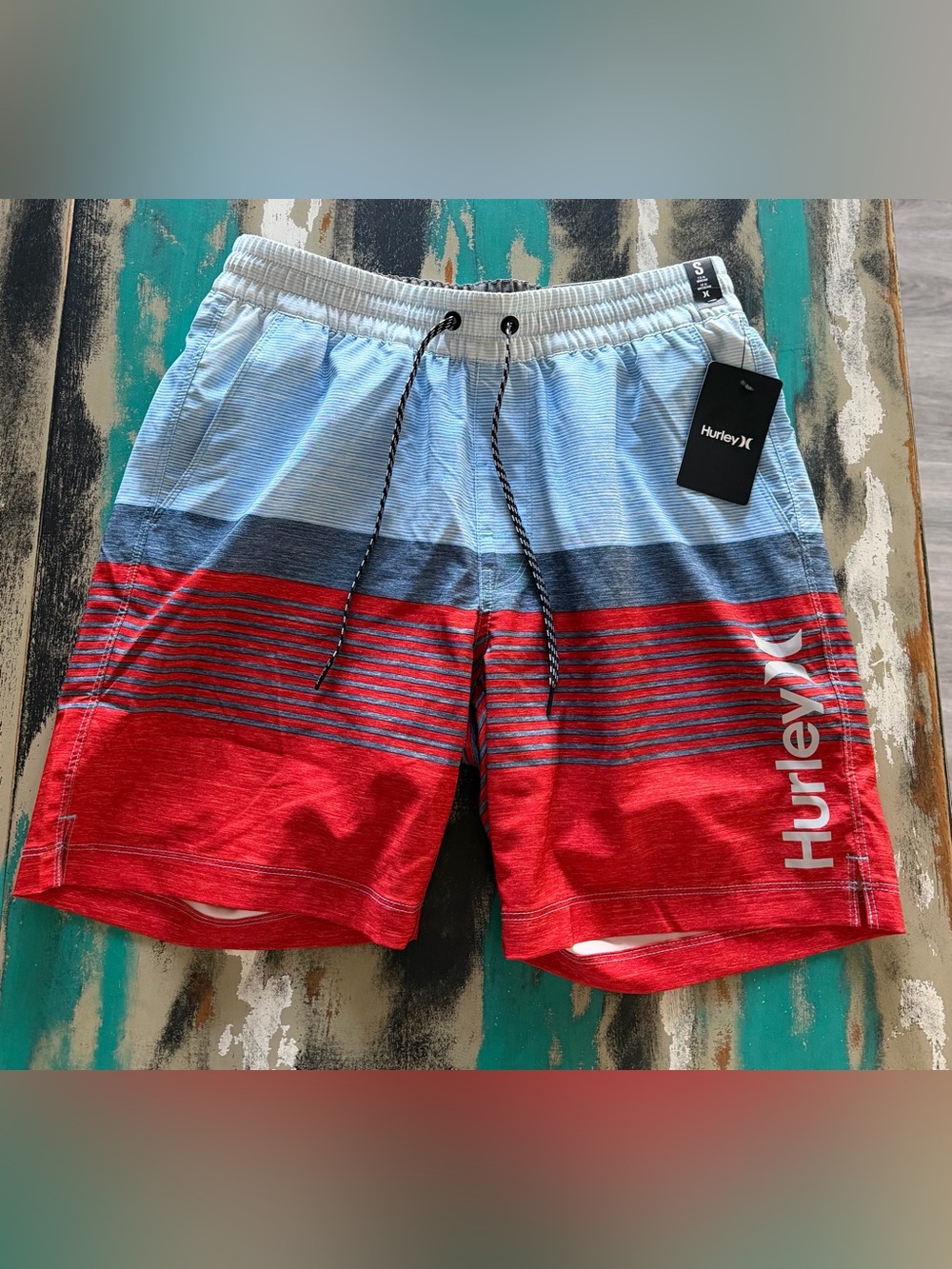 Hurley Men’s Red and Light Blue Striped Swim Board Shorts